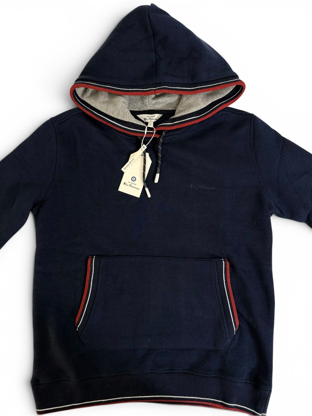 Ben Sherman Navy Hooded Pullover Sweater Red White Trim Men’s Small NWT